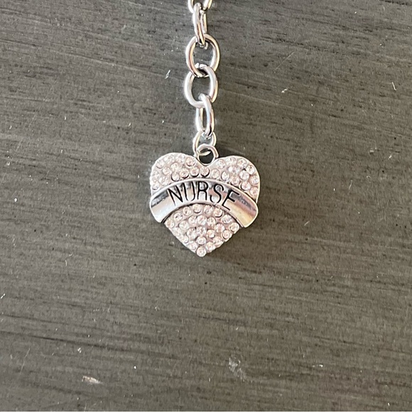 Nurse RN Silver Heart Banner Clear Crystal Rhinestone Medical 3" Keychain Gift - Picture 2 of 3